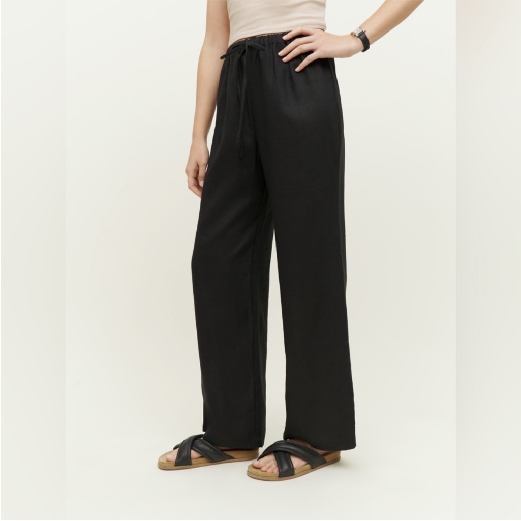 Reformation Olina 100% Linen Black Straight Leg Drawstring Trouser Pant Xl